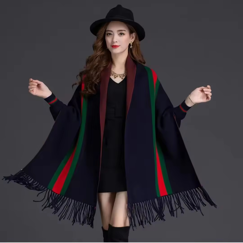 Stylish Navy Poncho with Red and Green Stripes